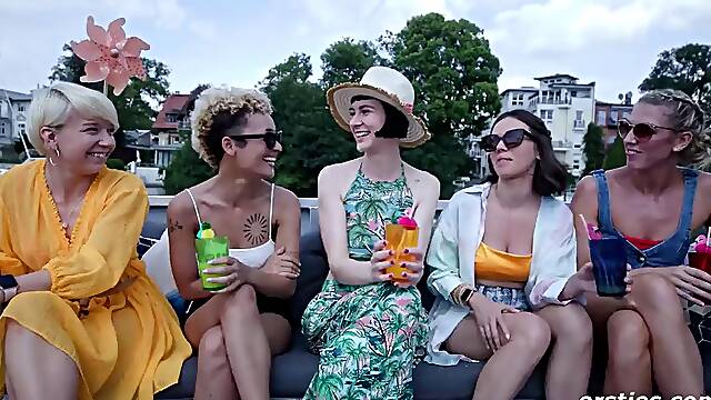 Eve Sweet and Delfine Dahlia Lead Naughty Amateurs in Outdoor Boat Party: Big Tits Bared