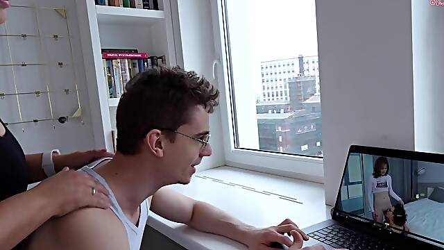 Happy guy jerking off to hardcore porn featuring me while simultaneously fucking me and cumming deep down my throat!