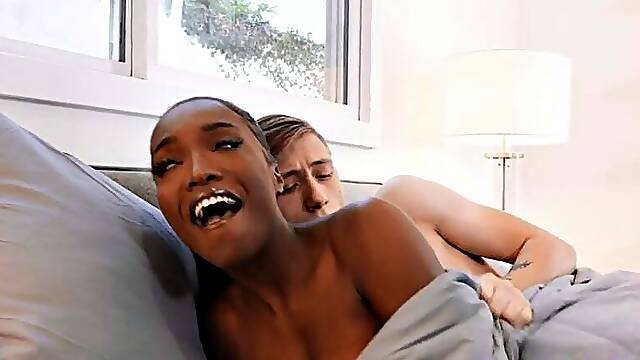 Nasty ebony babe sucking cock with 2 shorties