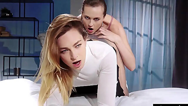 Sultry Lesbians in Shiny Nylons Ride Strapless Dildo