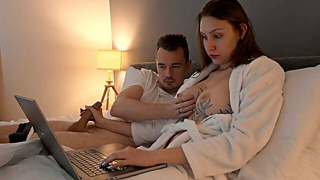 MILF helps to cum Neighbour in share bed with hand job and tight pussy, but cant...